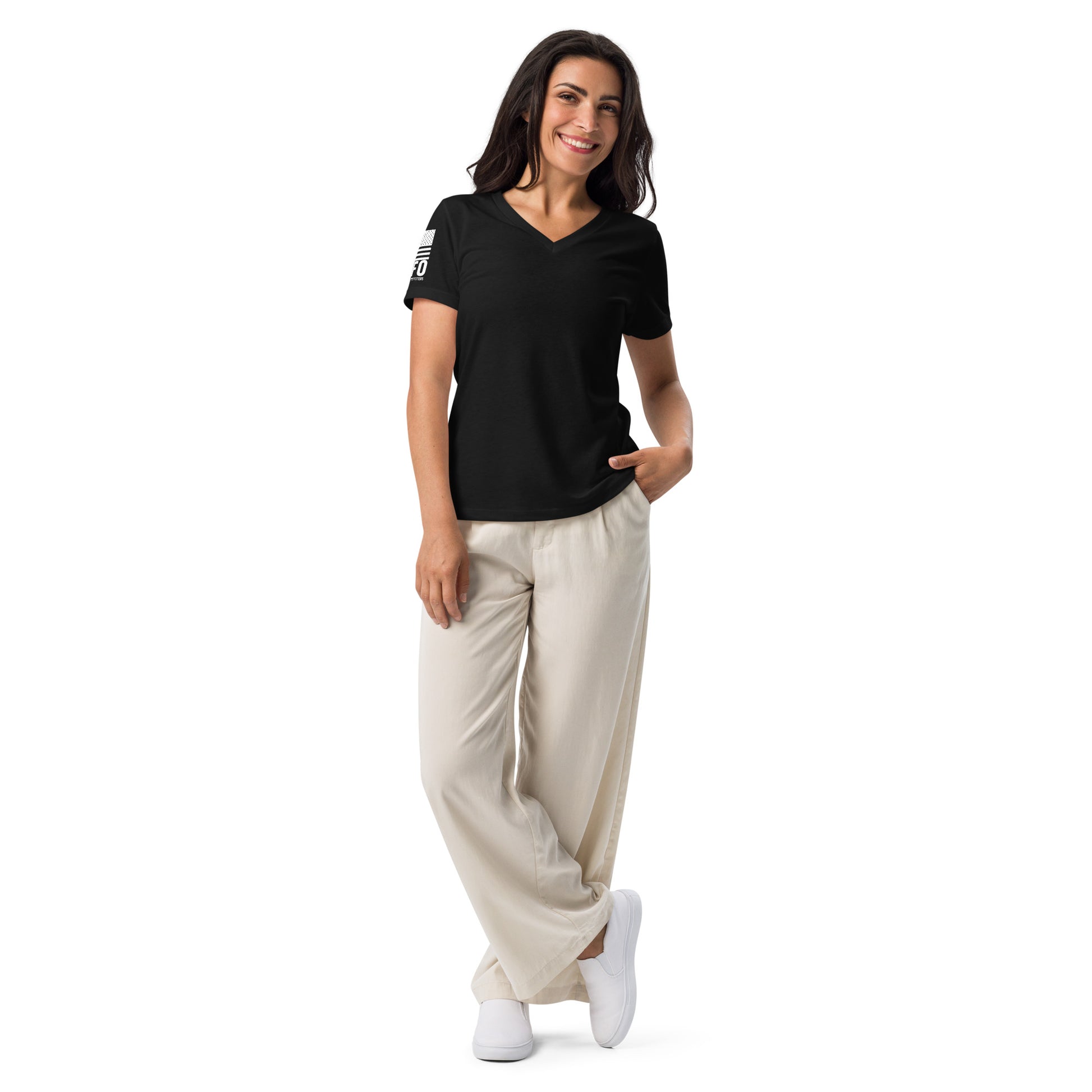 FAFO Basic Women's V-Neck Tee in solid black blend — patriotic shirts women relaxed fit womens v-neck tee flag and family outfitters