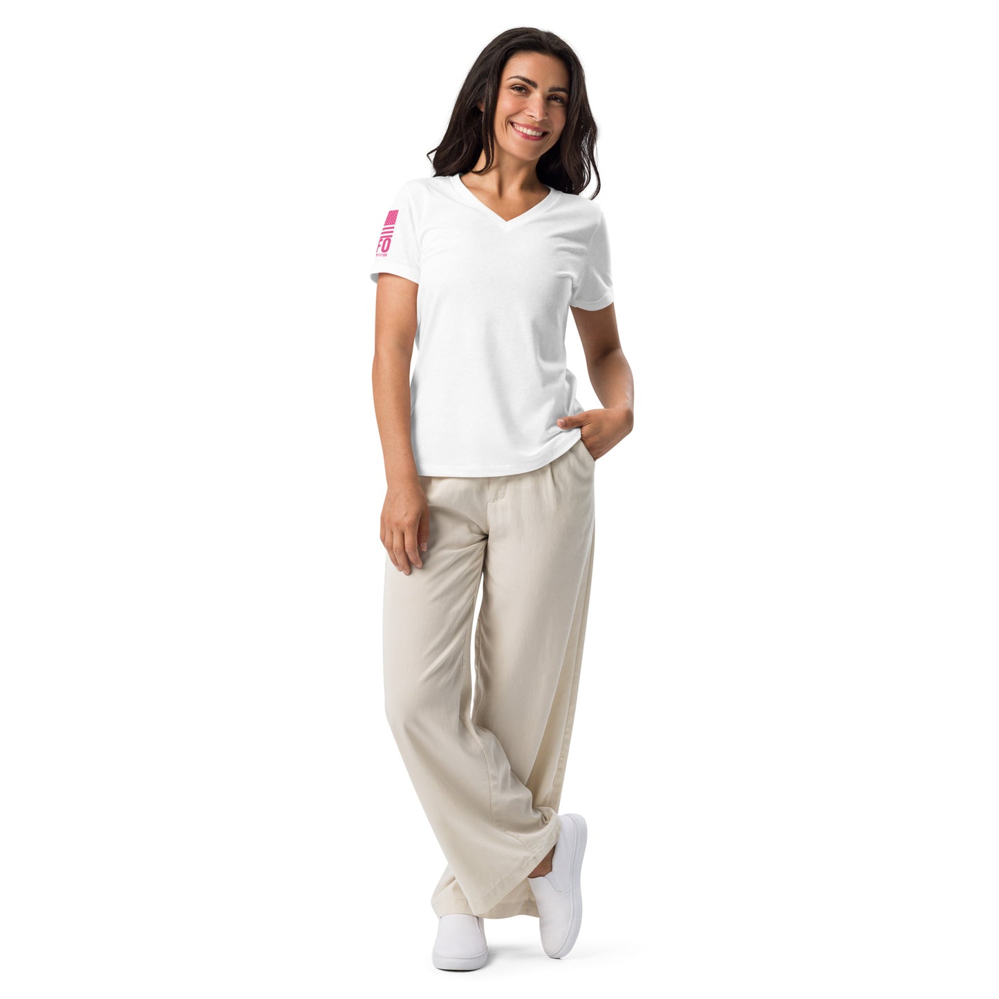 FAFO Basic Women's V-Neck Tee in solid white blend — patriotic shirts women relaxed fit womens v-neck tee flag and family outfitters