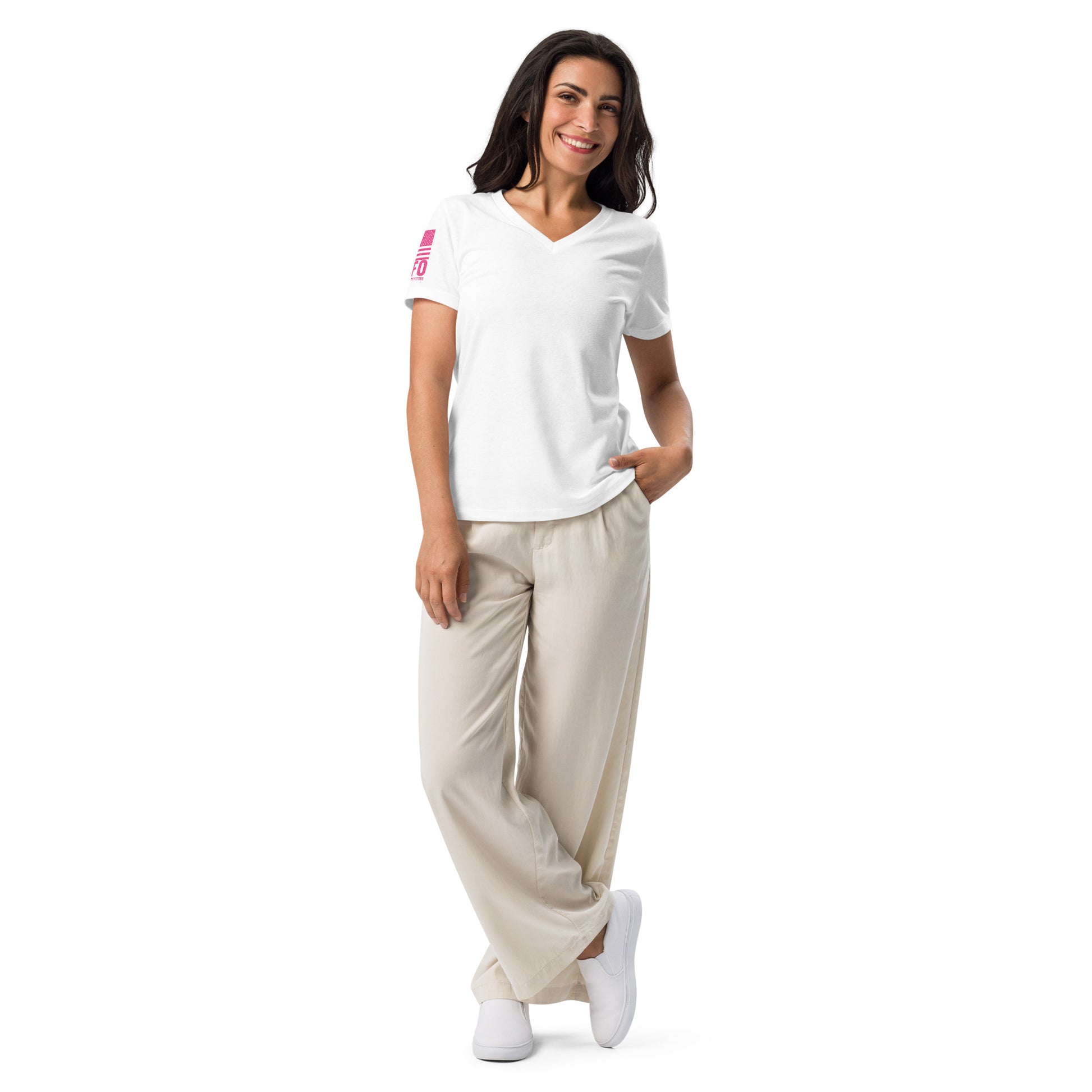 FAFO Basic Women's V-Neck Tee in solid white blend — patriotic shirts women relaxed fit womens v-neck tee flag and family outfitters