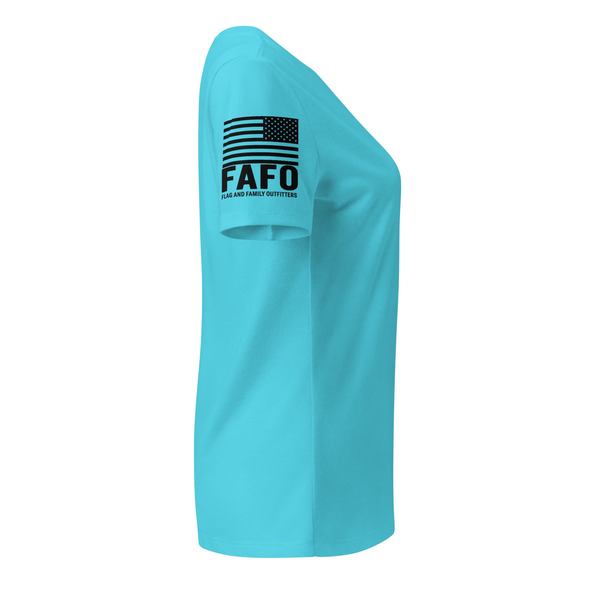 FAFO flag sleeve graphic on turquoise women's v-neck tee — fafo apparel patriotic outfitters