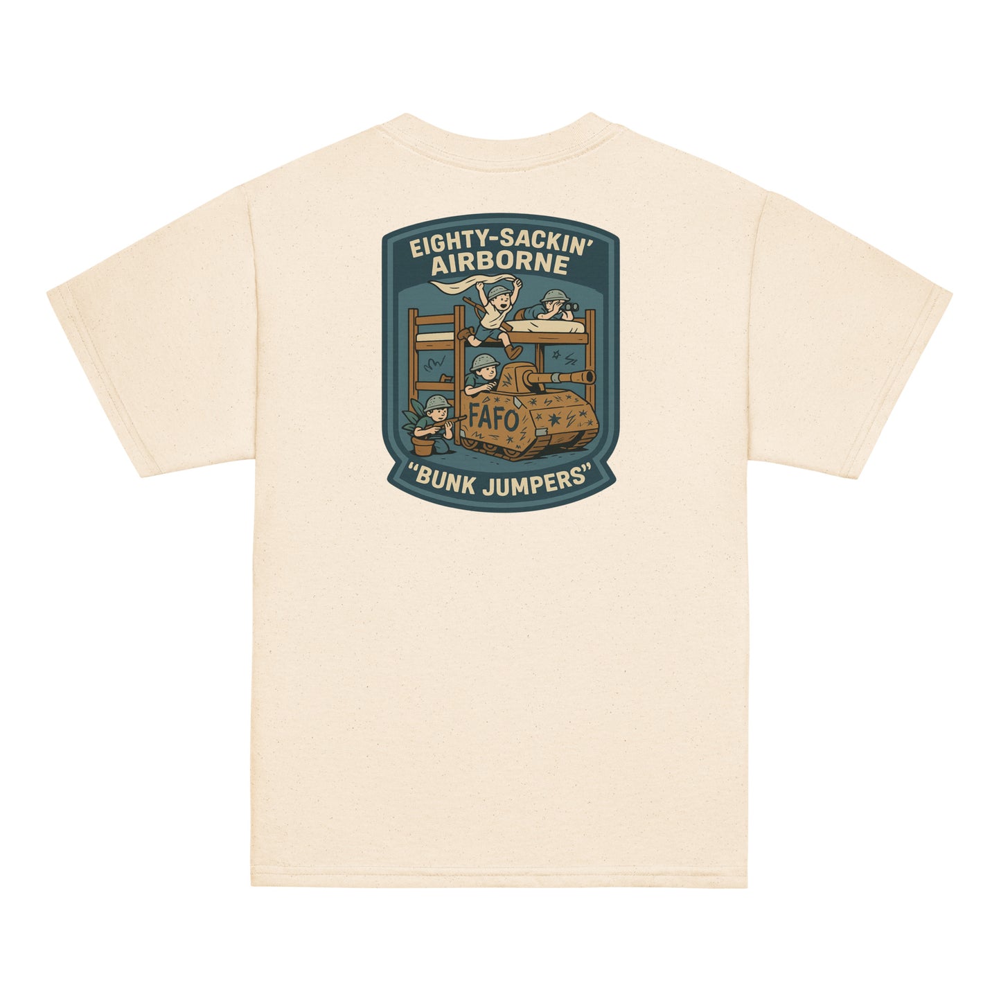 Back of natural FAFO youth tee — Bunk Jumpers kids bunk beds tank graphic FAFO apparel patriotic kids shirt