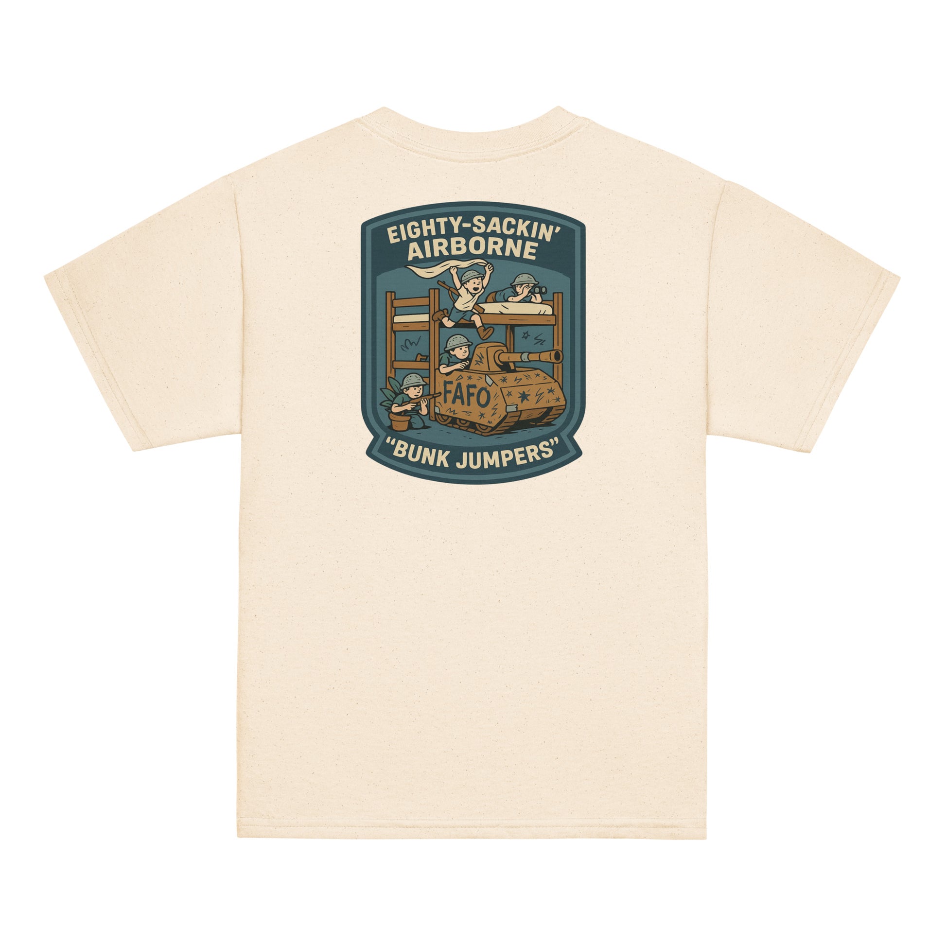 Back of natural FAFO youth tee — Bunk Jumpers kids bunk beds tank graphic FAFO apparel patriotic kids shirt