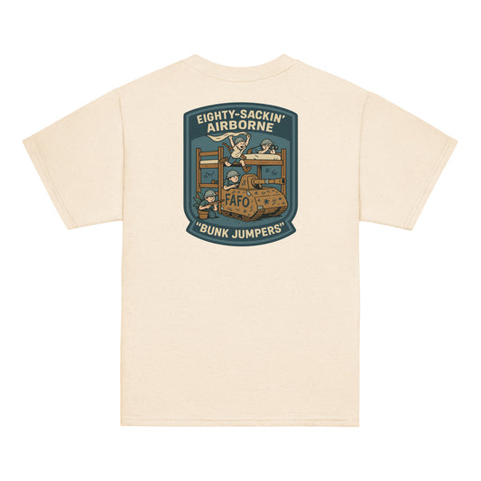 Back of natural FAFO youth tee — Bunk Jumpers kids bunk beds tank graphic FAFO apparel patriotic kids shirt