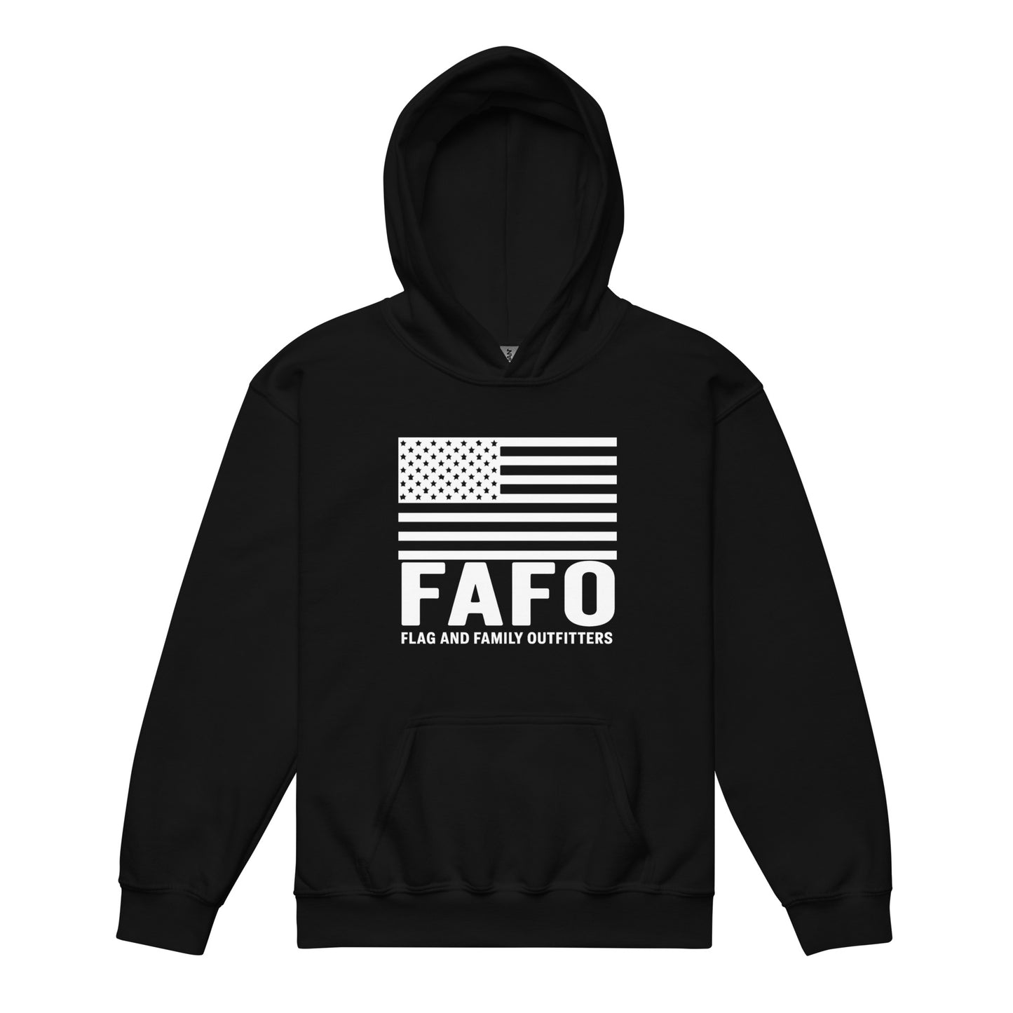 FAFO patriotic kids hoodie in black — American flag and FAFO chest graphic FAFO apparel youth patriotic clothing