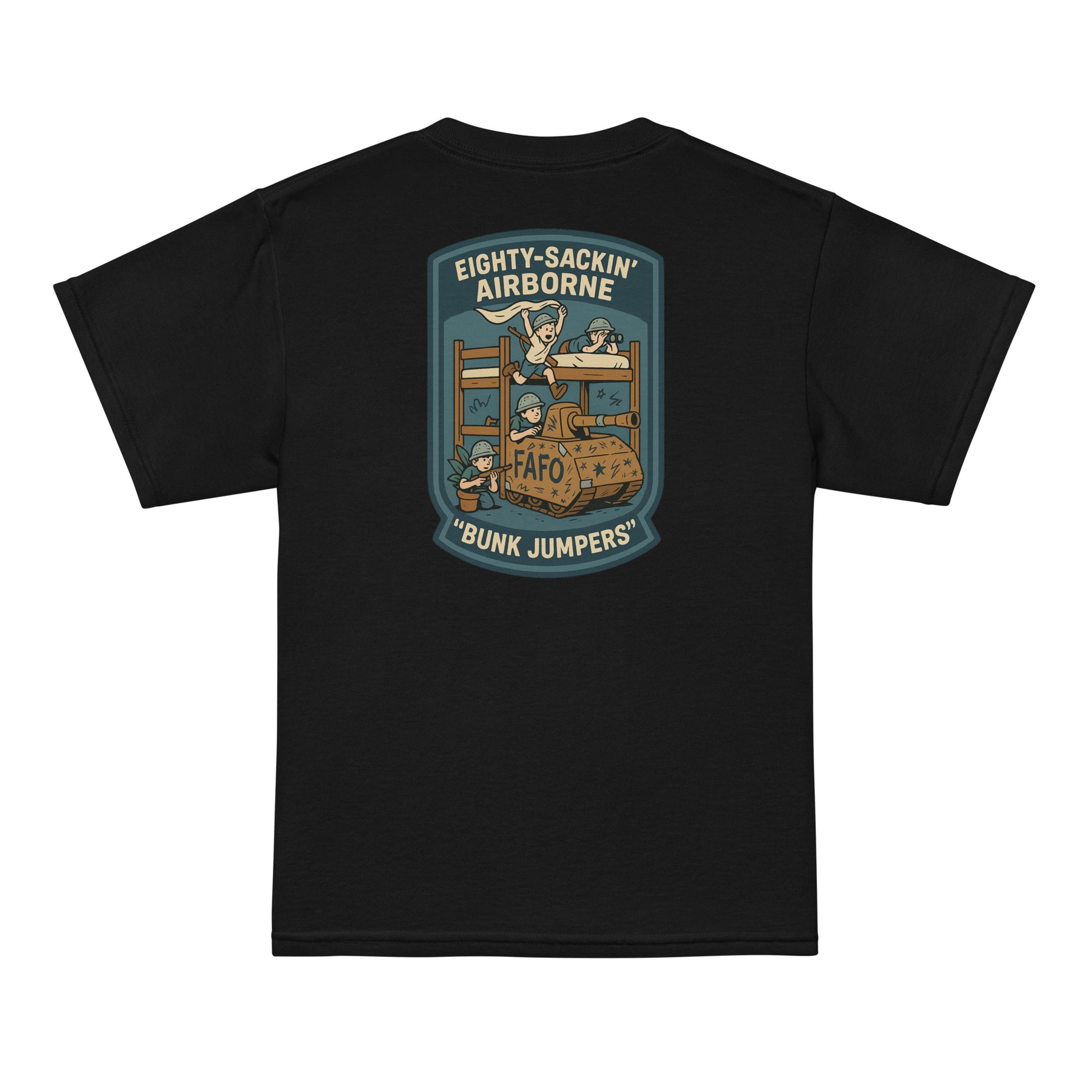 Back of black FAFO youth tee — Bunk Jumpers kids bunk beds tank graphic FAFO apparel patriotic kids shirt