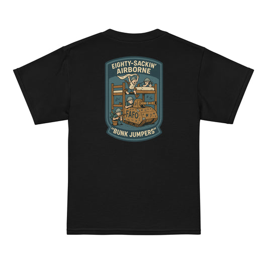 Back of black FAFO youth tee — Bunk Jumpers kids bunk beds tank graphic FAFO apparel patriotic kids shirt