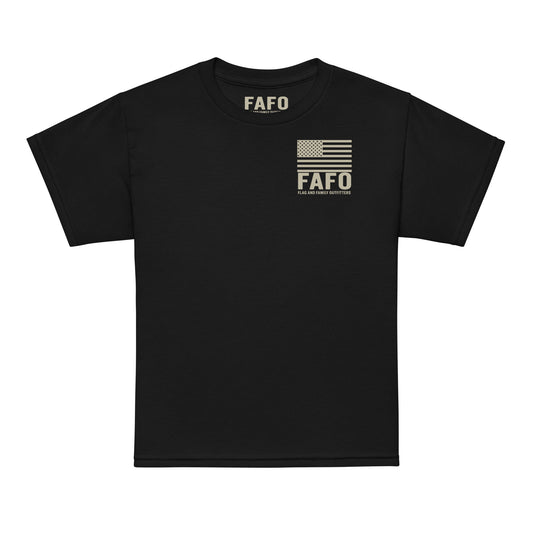Funny kids military FAFO t shirt in black — Bunk Jumpers Eighty-Sackin Airborne graphic FAFO apparel youth