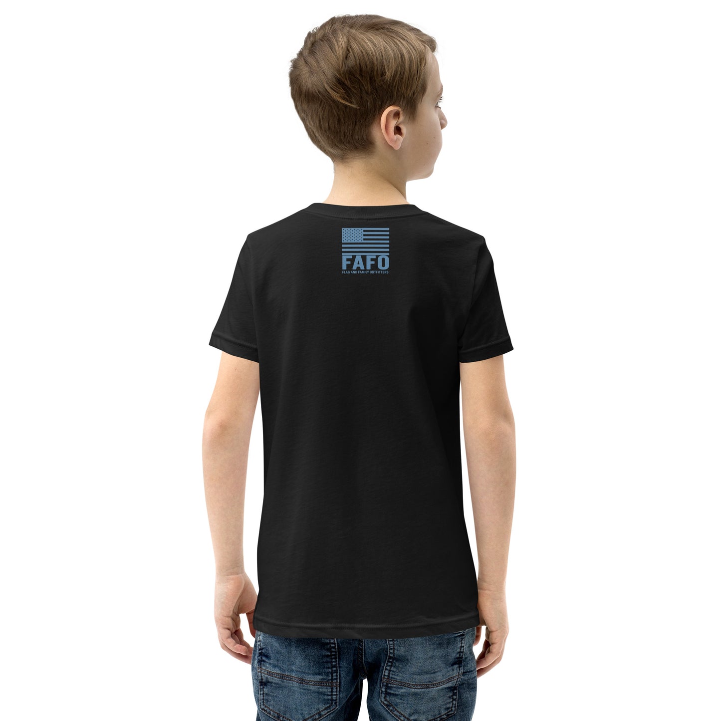 Back of black FAFO youth gaming tee — kids statement shirt FAFO apparel flag and family outfitters