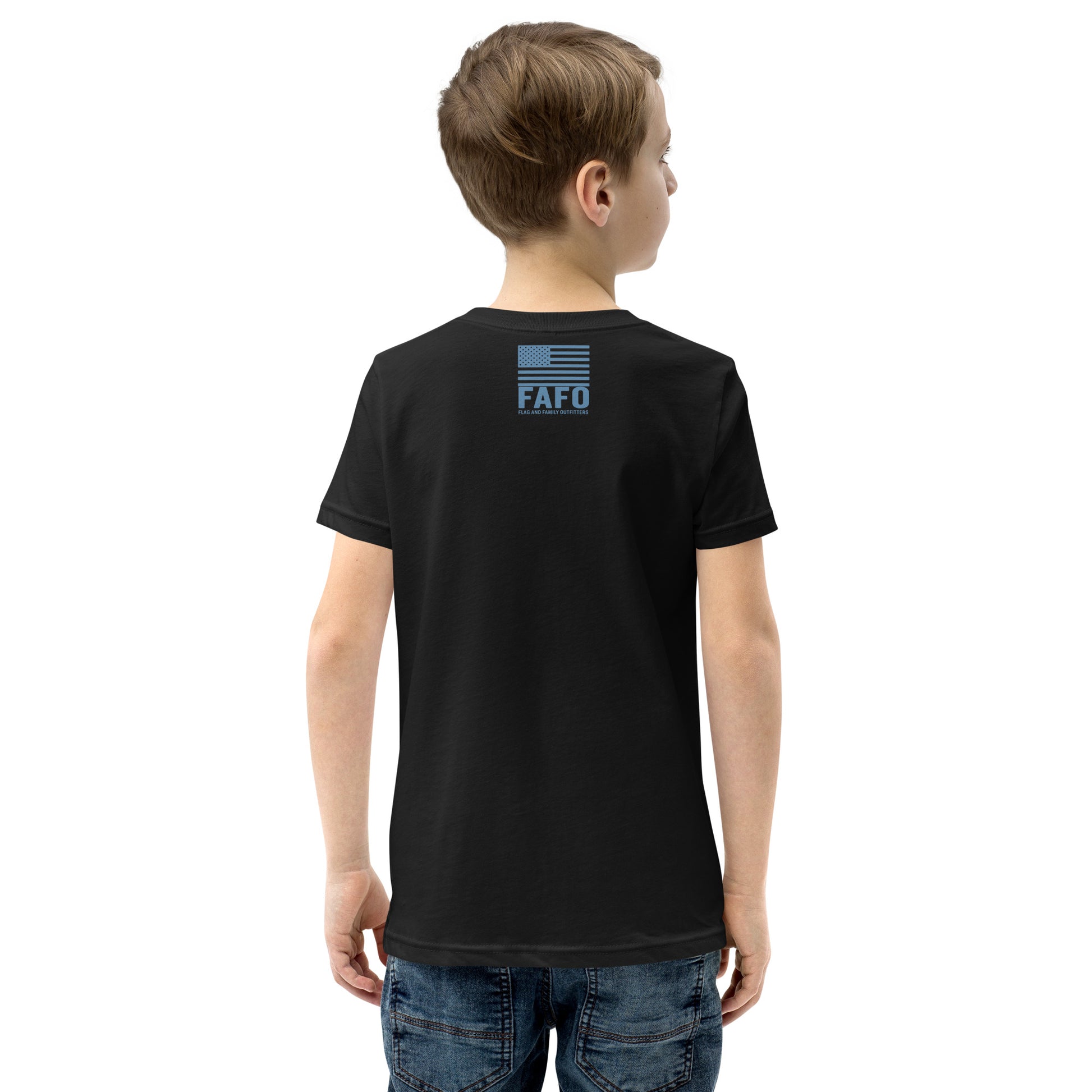 Back of black FAFO youth gaming tee — kids statement shirt FAFO apparel flag and family outfitters