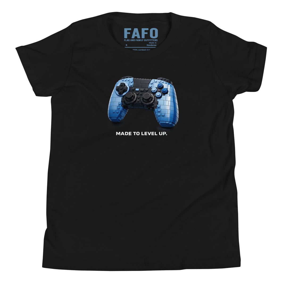 Kids gaming FAFO t shirt in black — Made to Level Up controller graphic FAFO apparel youth patriotic clothing