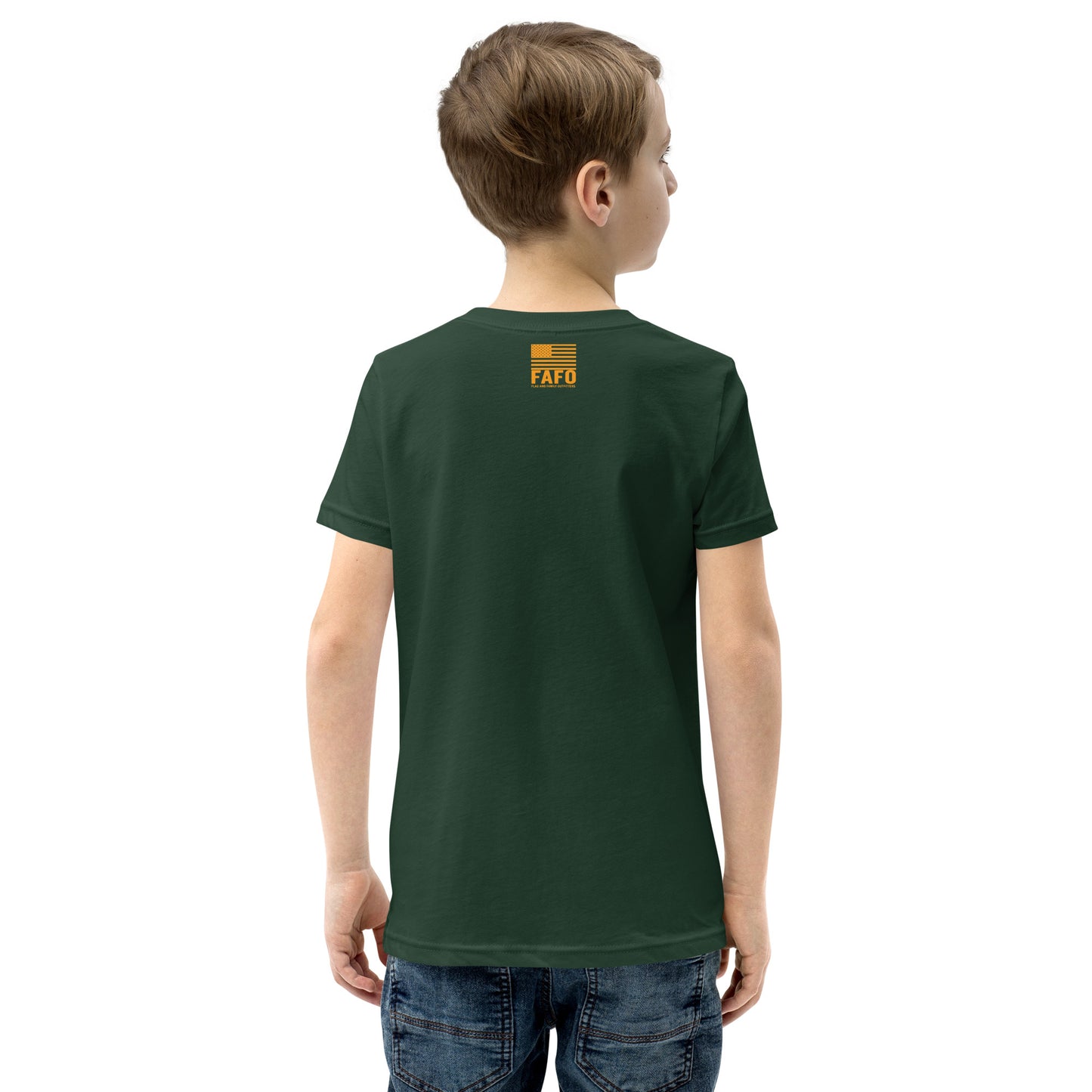 Wait What Octopus youth tee in forest green — funny kids graphic tee youth patriotic shirt flag and family outfitters