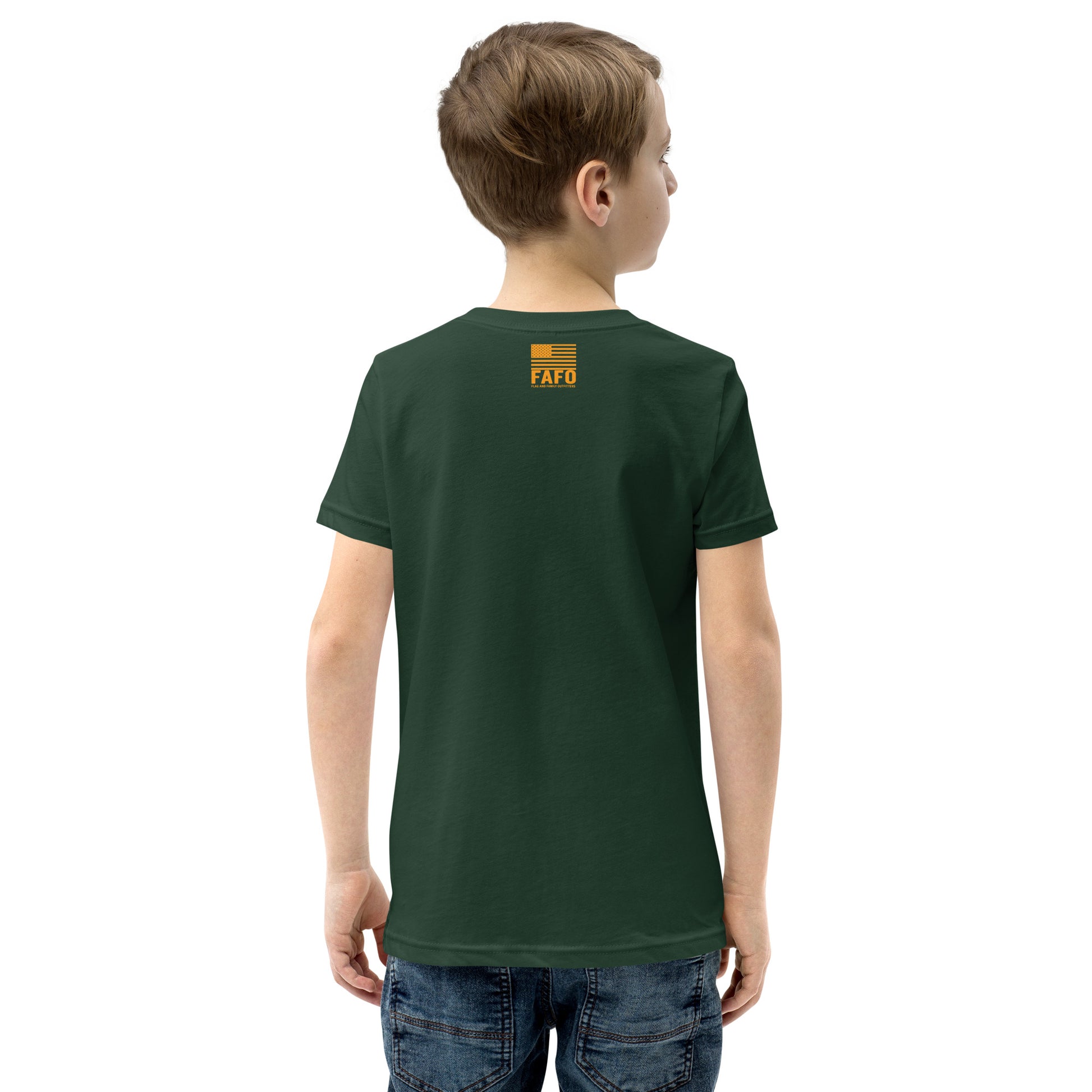 Wait What Octopus youth tee in forest green — funny kids graphic tee youth patriotic shirt flag and family outfitters