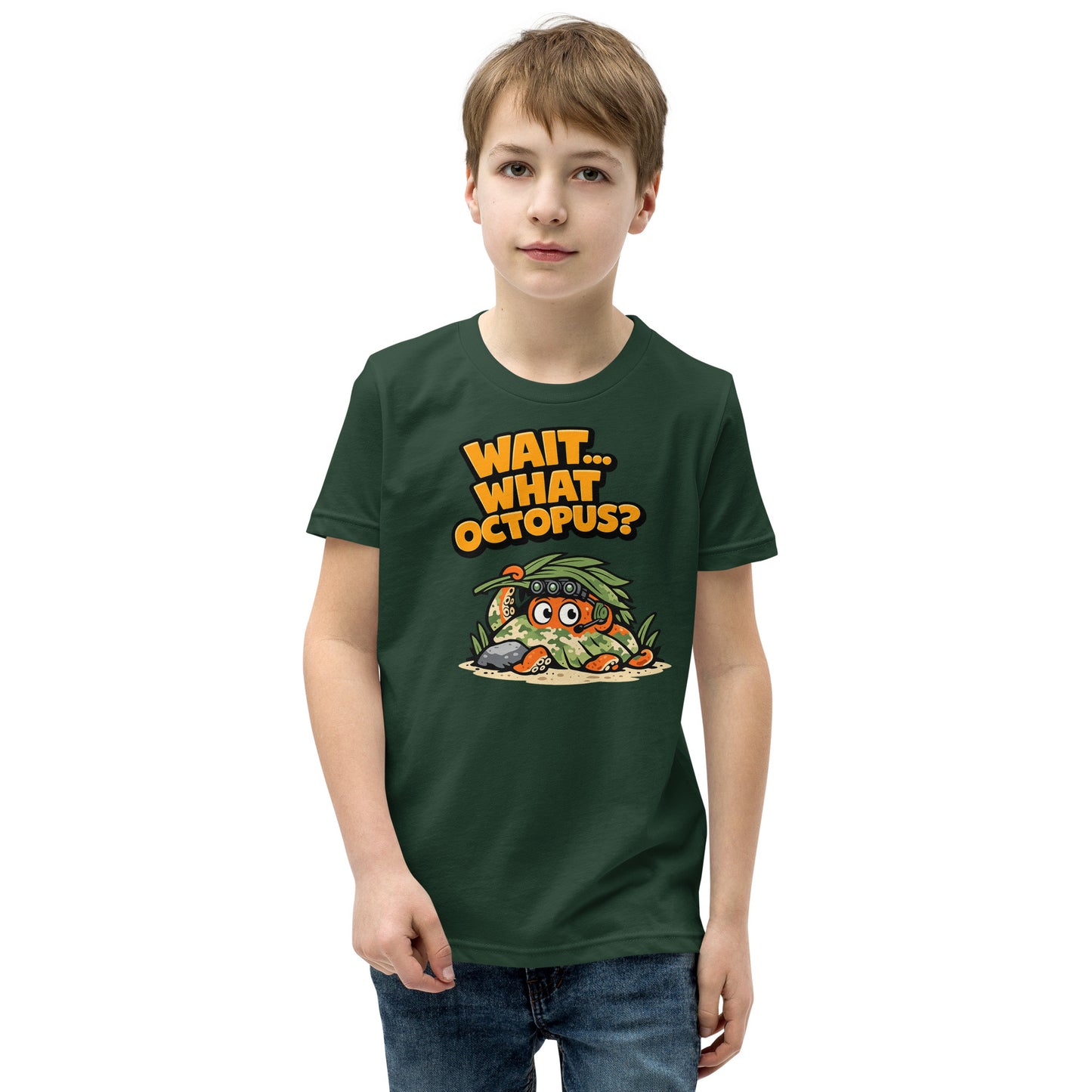Wait What Octopus youth tee in forest green — funny kids graphic tee youth patriotic shirt flag and family outfitters