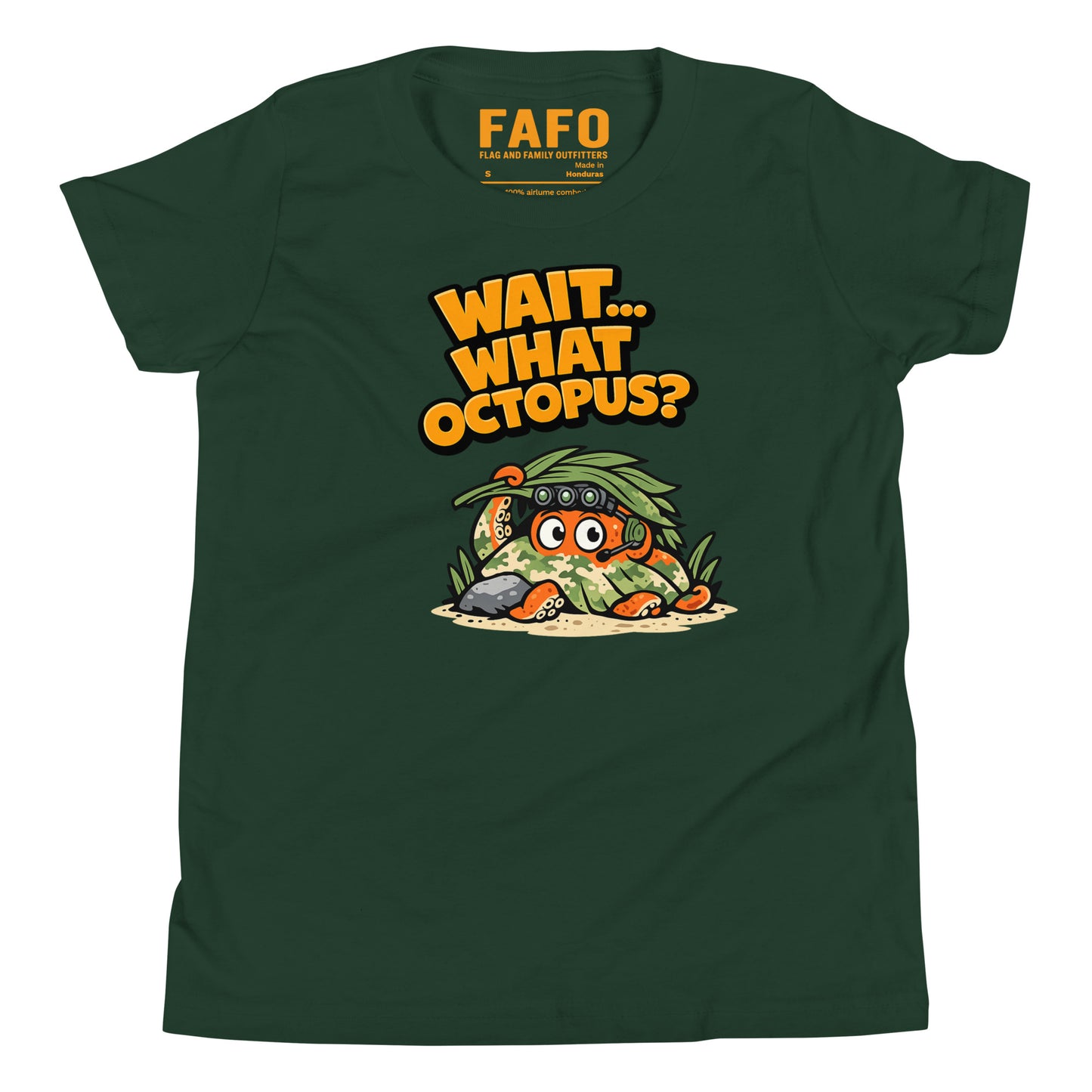 Wait What Octopus youth tee in forest green — funny kids graphic tee youth patriotic shirt flag and family outfitters