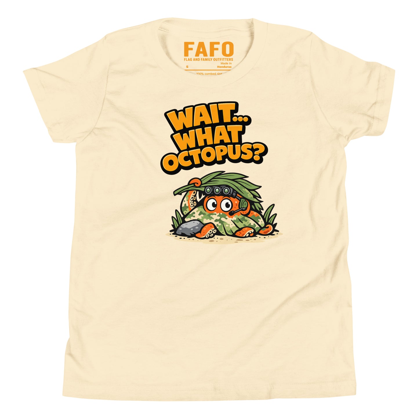 Wait What Octopus youth tee in natural — funny kids graphic tee youth patriotic shirt flag and family outfitters