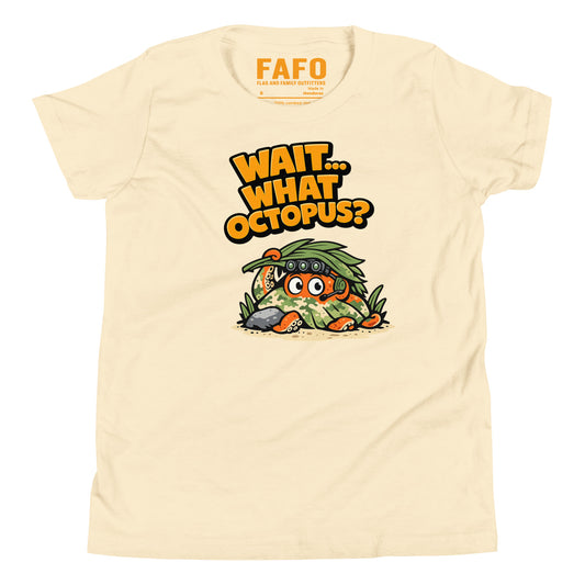 Wait What Octopus youth tee in natural — funny kids graphic tee youth patriotic shirt flag and family outfitters