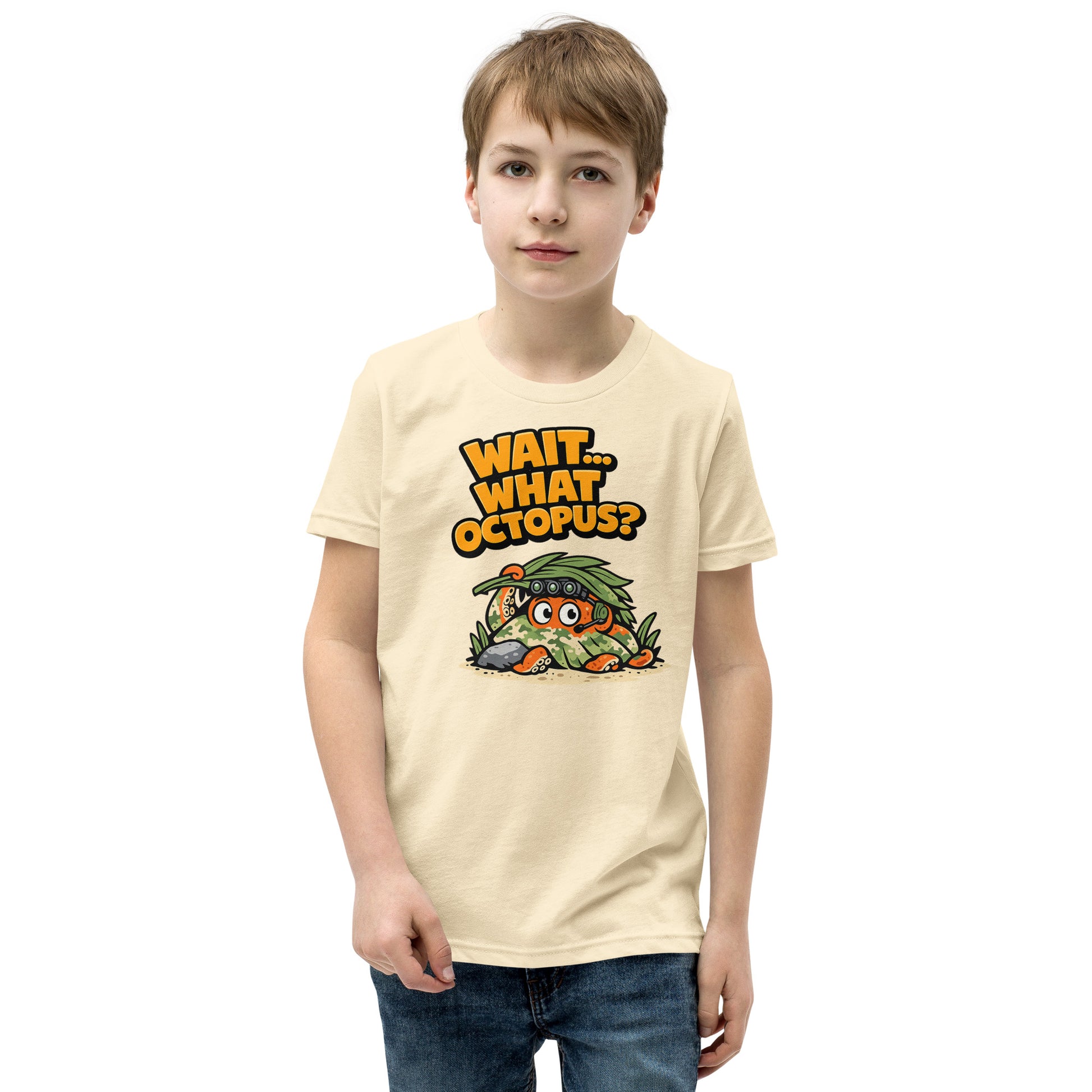 Wait What Octopus youth tee in natural — funny kids graphic tee youth patriotic shirt flag and family outfitters