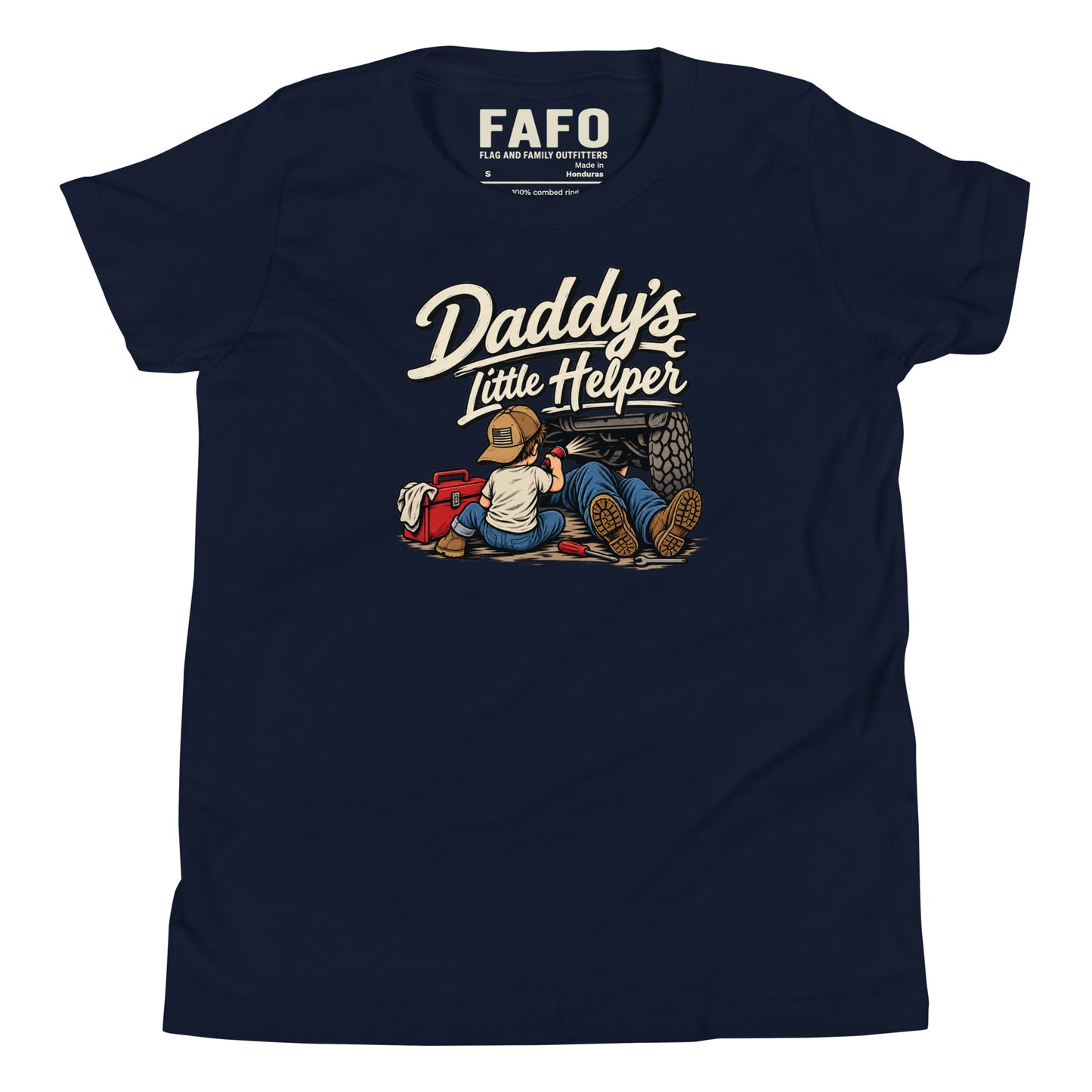 Navy Daddy's Little Helper youth tee with vintage garage artwork of a child working beside a truck — kids graphic tee funny kids shirt Flag And Family Outfitters