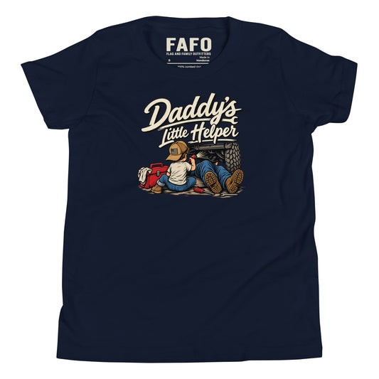 Navy Daddy's Little Helper youth tee with vintage garage artwork of a child working beside a truck — kids graphic tee funny kids shirt Flag And Family Outfitters