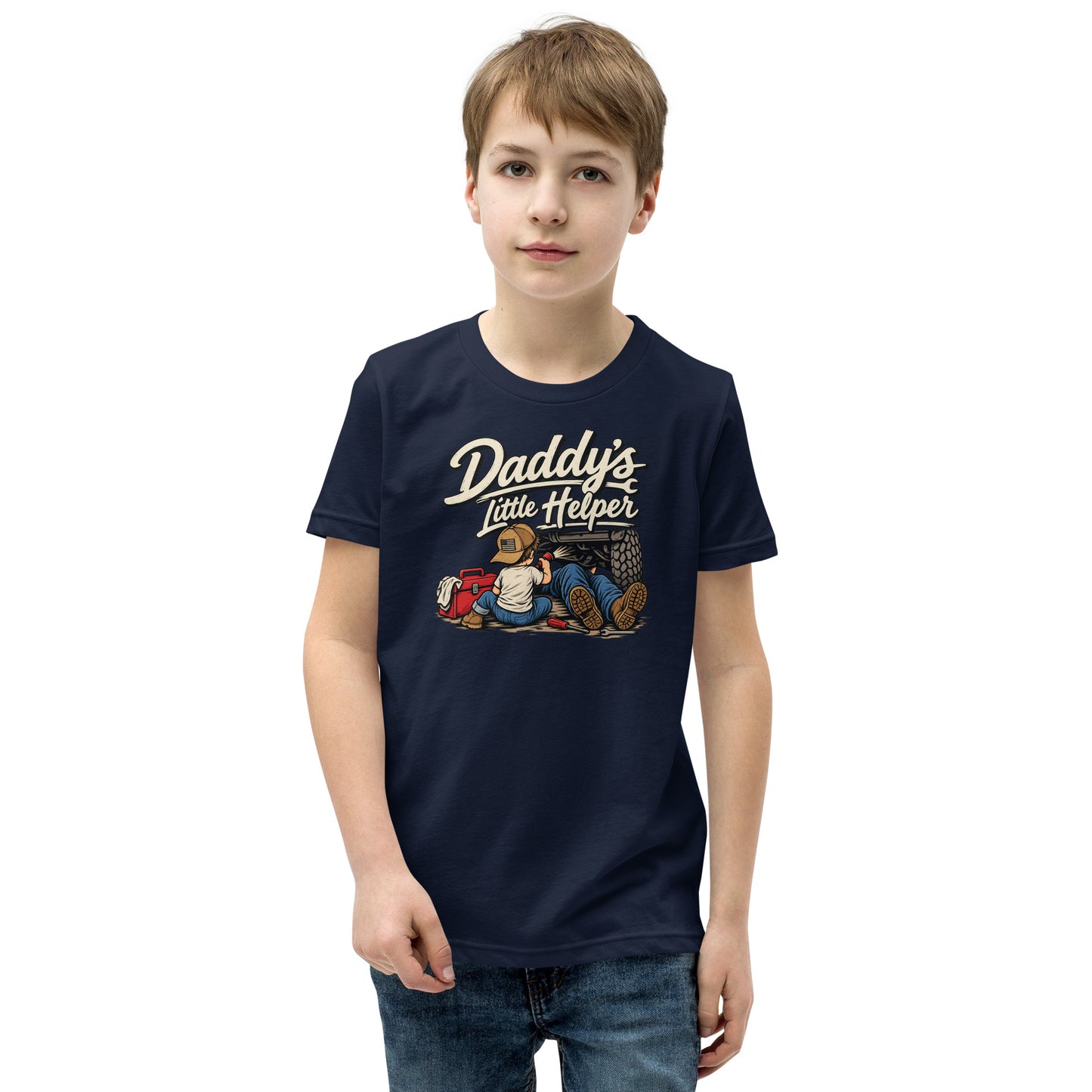 Navy Daddy's Little Helper youth tee with vintage garage artwork of a child working beside a truck — kids graphic tee funny kids shirt Flag And Family Outfitters