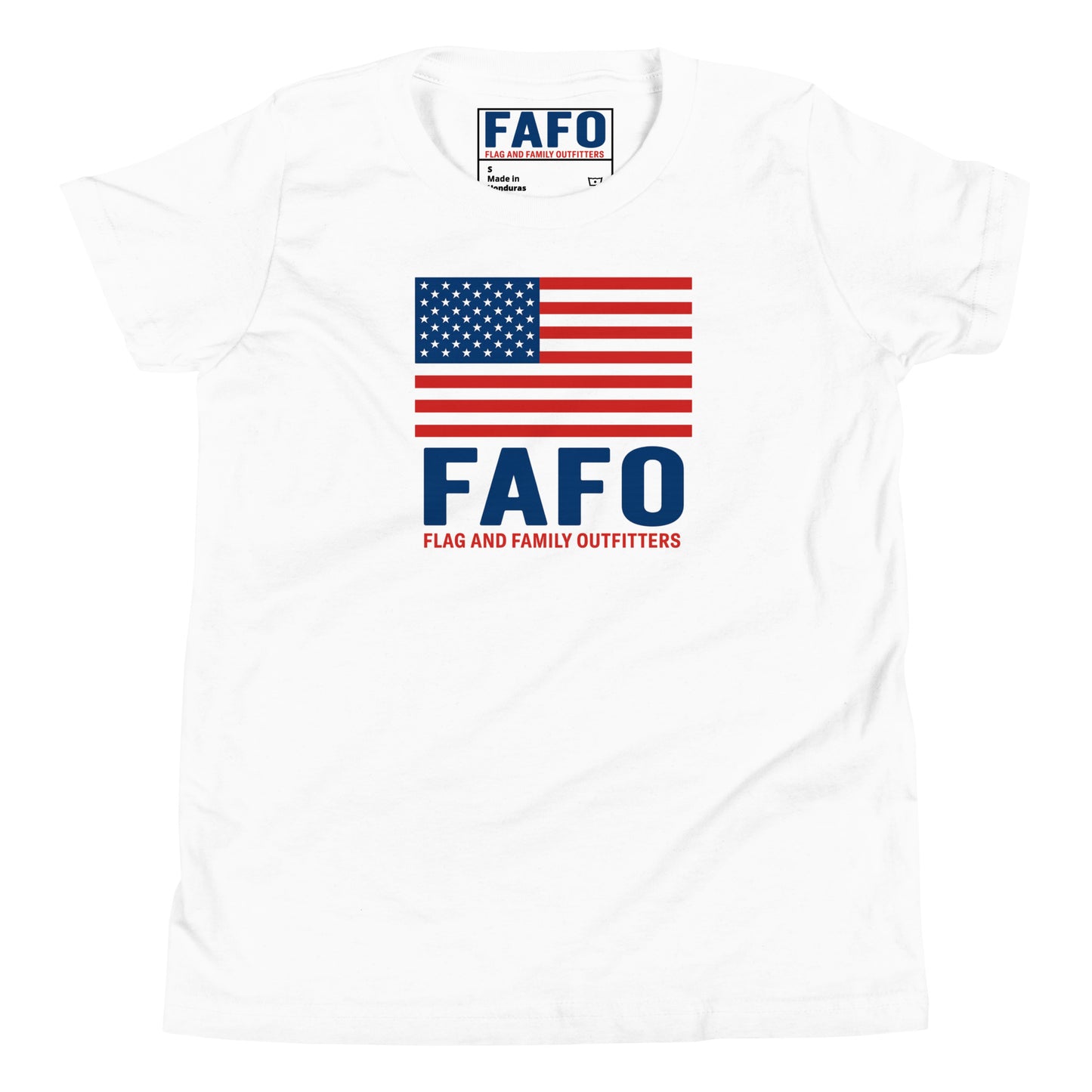 FAFO patriotic kids shirt in white — American flag and FAFO chest graphic FAFO apparel youth patriotic clothing