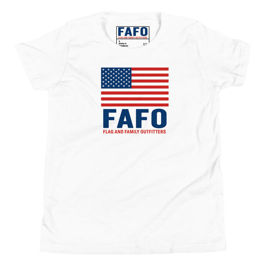 FAFO patriotic kids shirt in white — American flag and FAFO chest graphic FAFO apparel youth patriotic clothing
